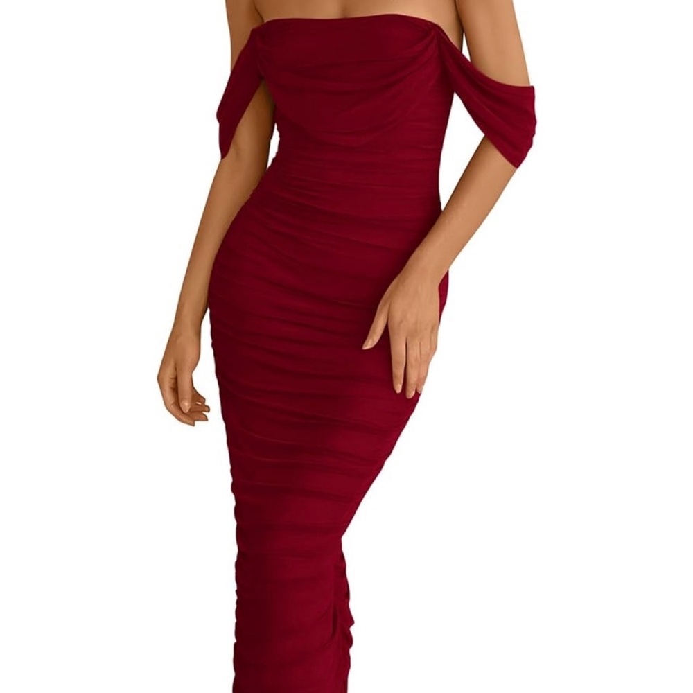 LIKE NEW Wine red ruched off-shoulder long dress
